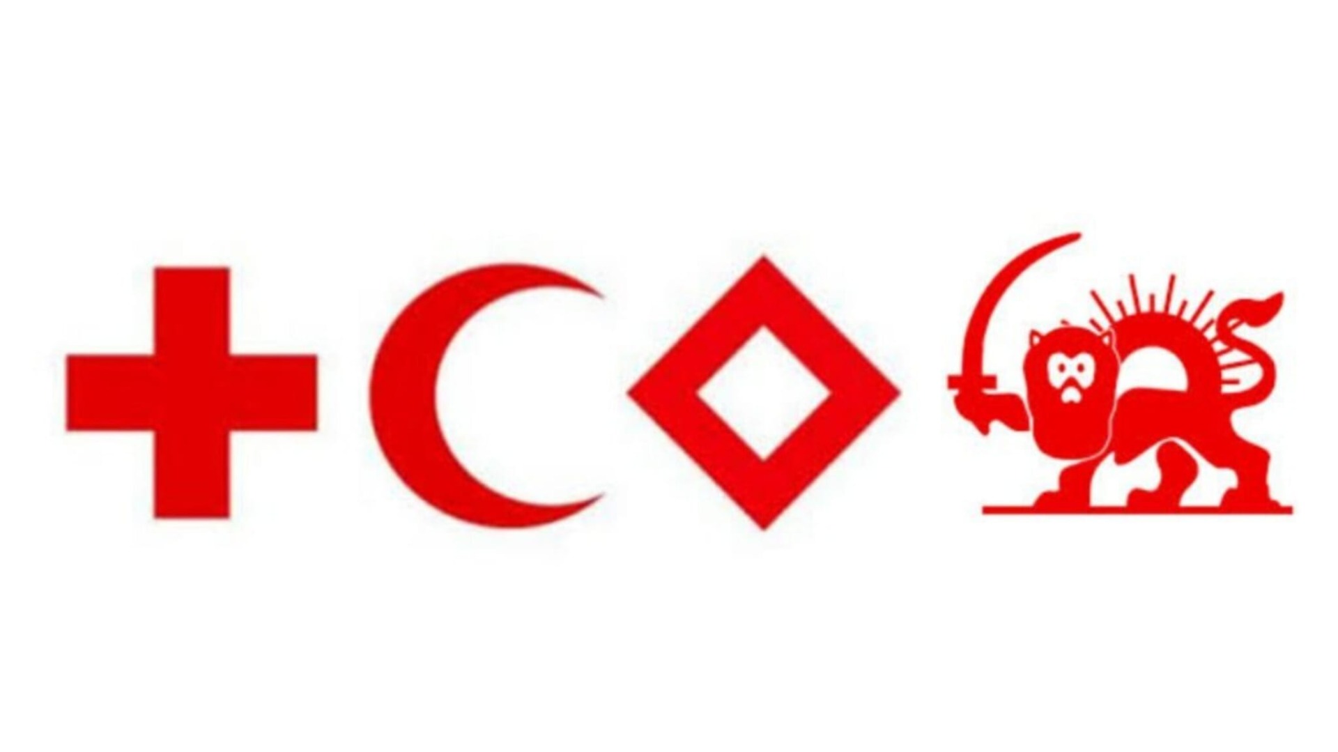 The four official emblems of the International Red Cross and Red Crescent Movement: the Red Cross, Red Crescent, Red Crystal, and the Red Lion and Sun